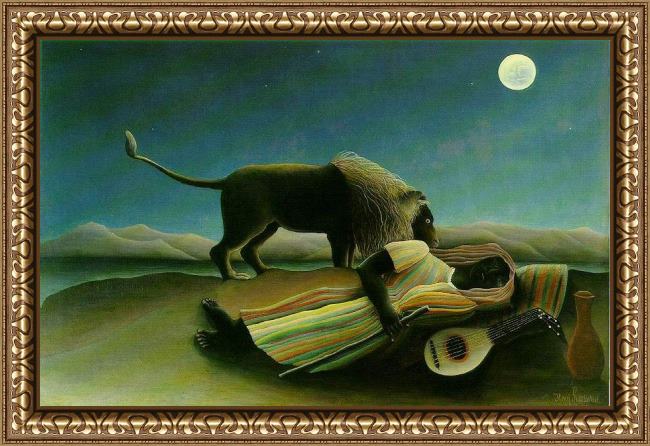 Framed Henri Rousseau sleeping gypsy painting