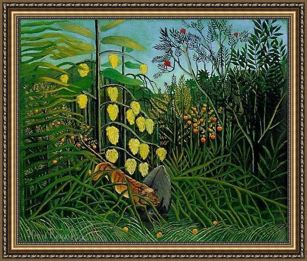 Framed Henri Rousseau the jungle - tiger attacking a buffalo painting