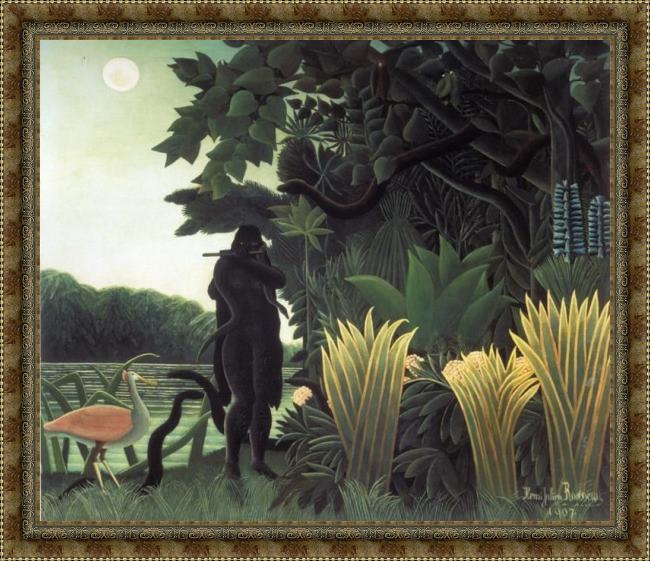 Framed Henri Rousseau the snake charmer painting