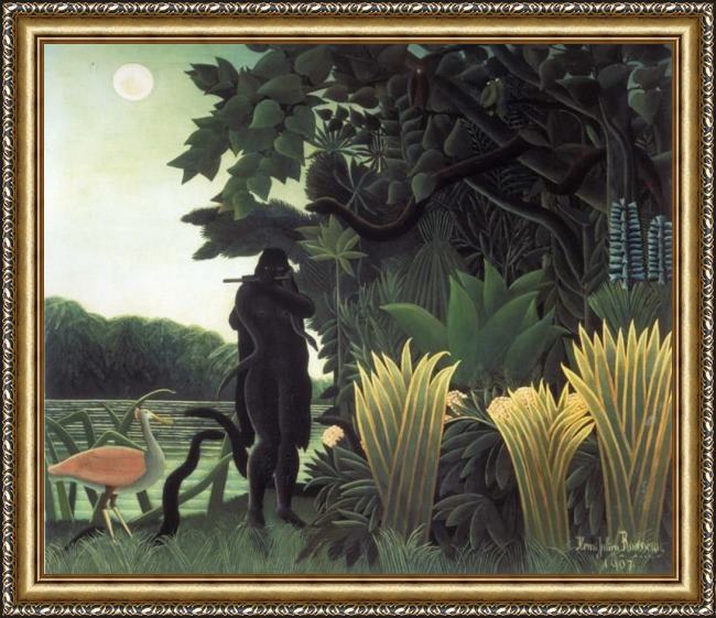 Framed Henri Rousseau the snake charmer painting