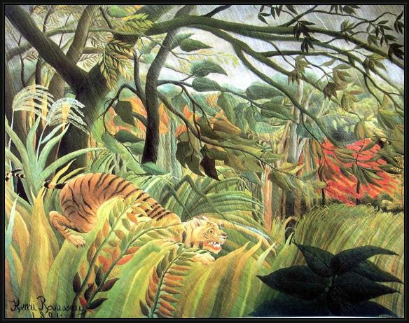 Framed Henri Rousseau tiger in a tropical storm painting