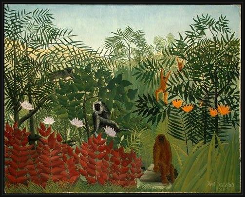 Framed Henri Rousseau tropical forest with monkeys painting