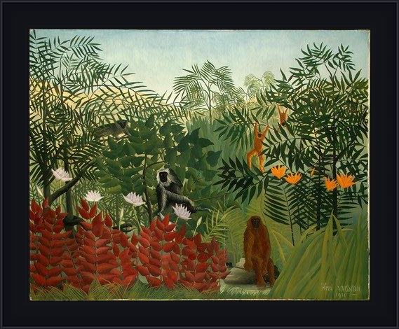 Framed Henri Rousseau tropical forest with monkeys painting