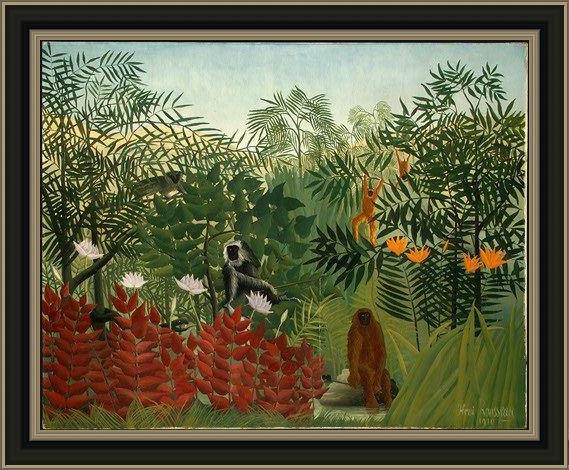 Framed Henri Rousseau tropical forest with monkeys painting