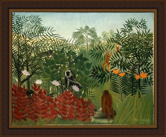 Framed Henri Rousseau tropical forest with monkeys painting