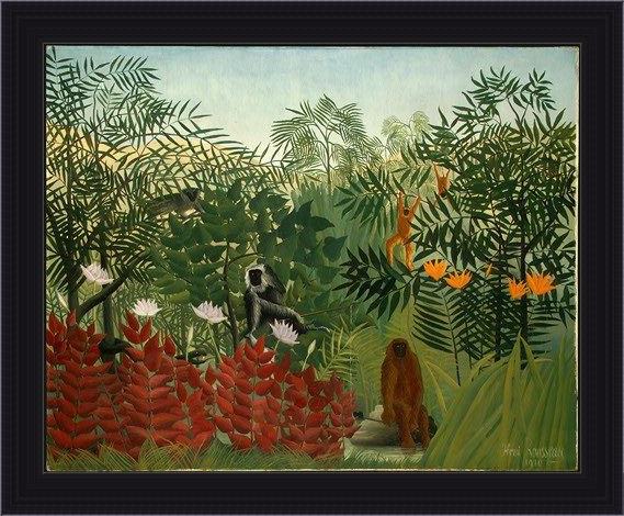 Framed Henri Rousseau tropical forest with monkeys painting