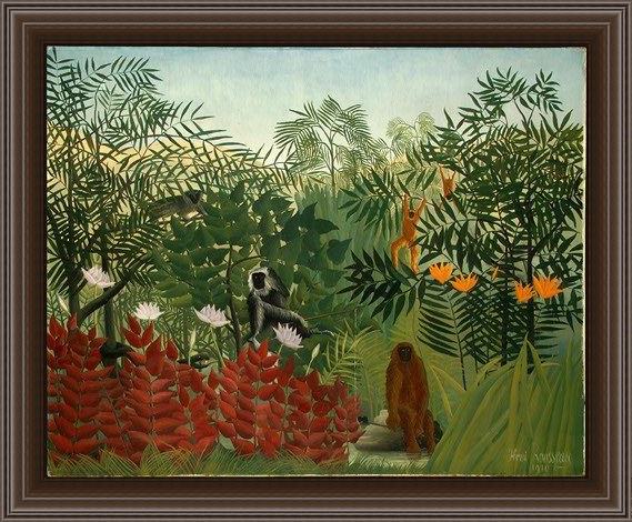 Framed Henri Rousseau tropical forest with monkeys painting