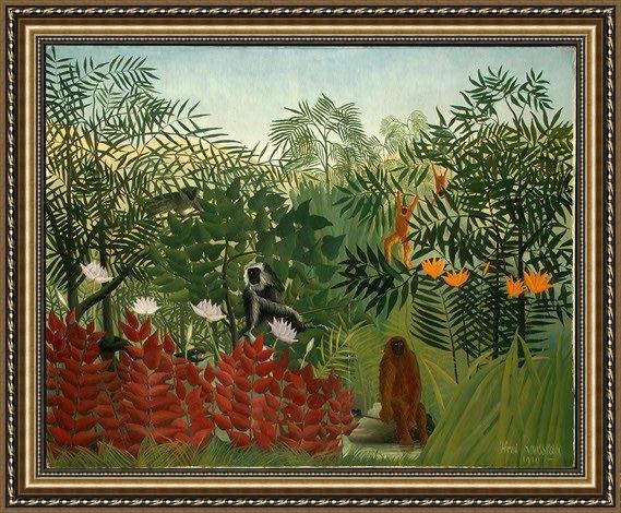 Framed Henri Rousseau tropical forest with monkeys painting