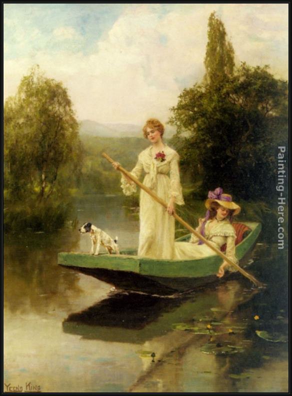 Framed Henry John Yeend King two ladies punting on the river painting