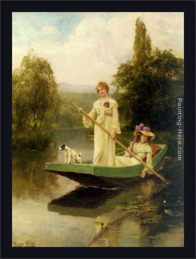 Framed Henry John Yeend King two ladies punting on the river painting