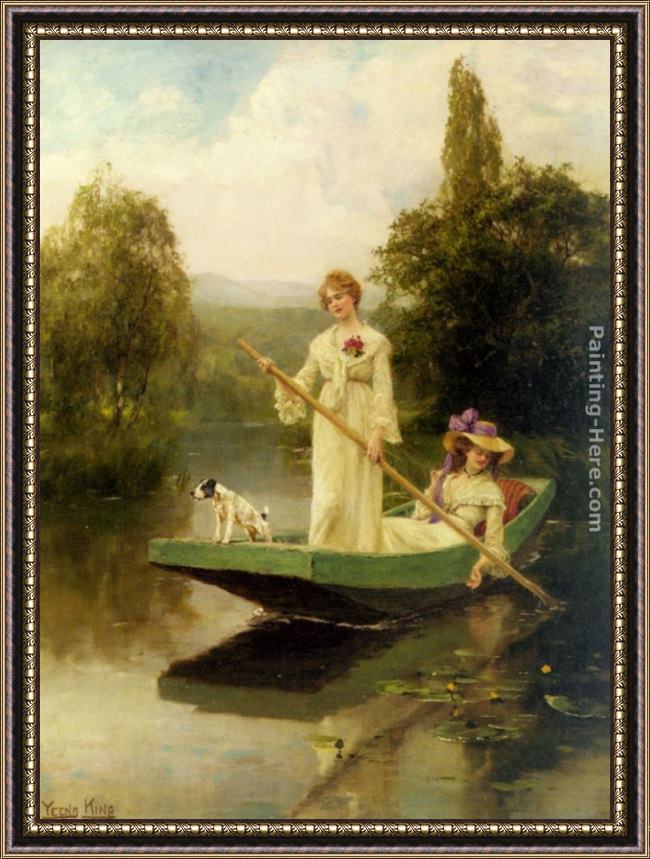 Framed Henry John Yeend King two ladies punting on the river painting