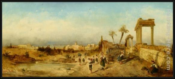 Framed Hermann David Solomon Corrodi fetching water at a fountain painting