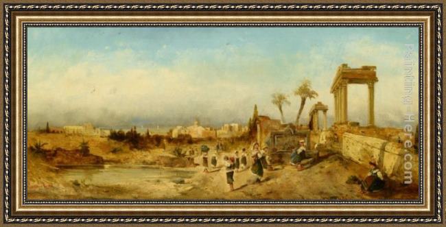 Framed Hermann David Solomon Corrodi fetching water at a fountain painting