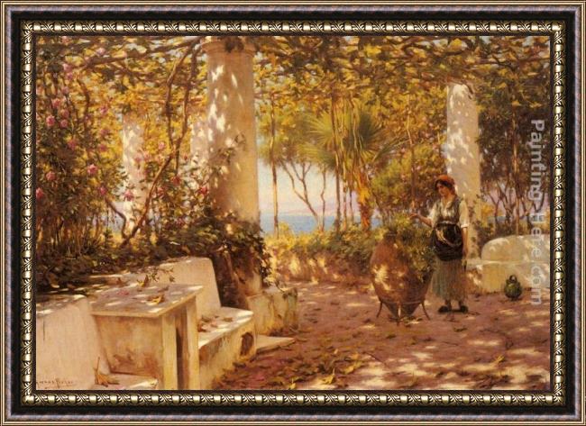 Framed Horace Fisher a peasant girl on a sunlit veranda painting