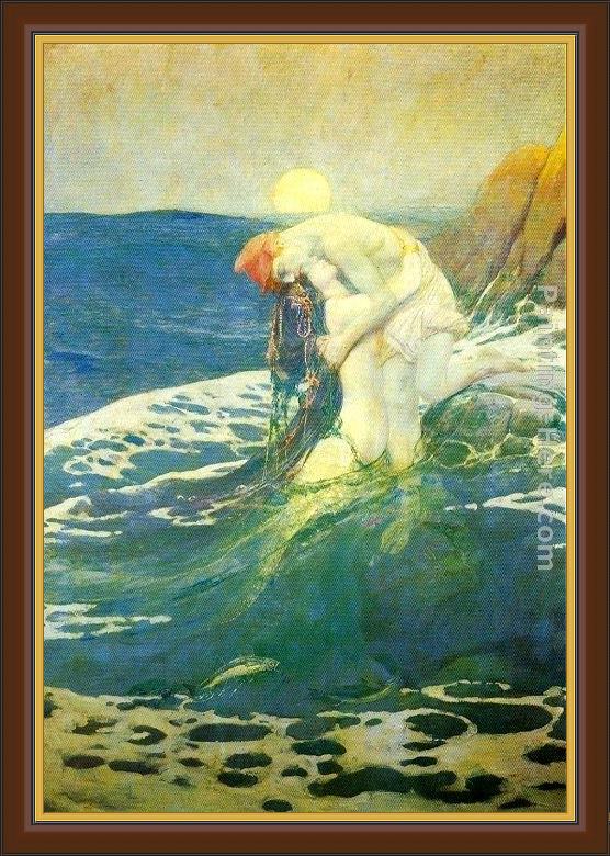Framed Howard Pyle the mermaid painting