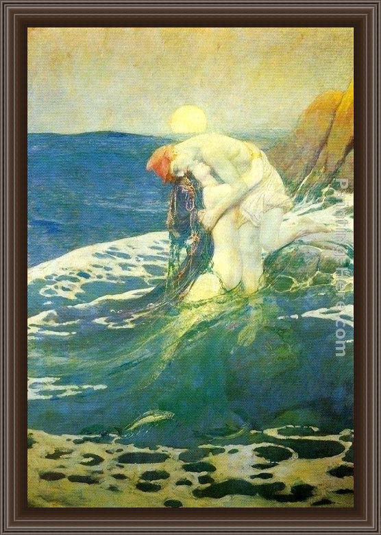 Framed Howard Pyle the mermaid painting