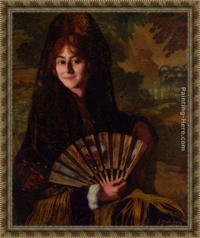 Framed Ignacio Zuloaga y Zabaleta dama con abanico painting