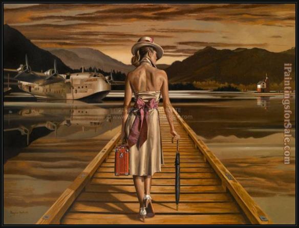 Framed Jack Vettriano lady with luggage painting