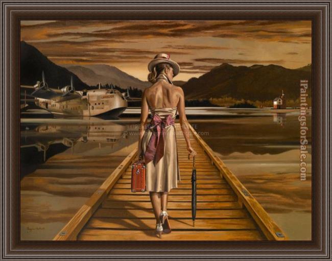 Framed Jack Vettriano lady with luggage painting