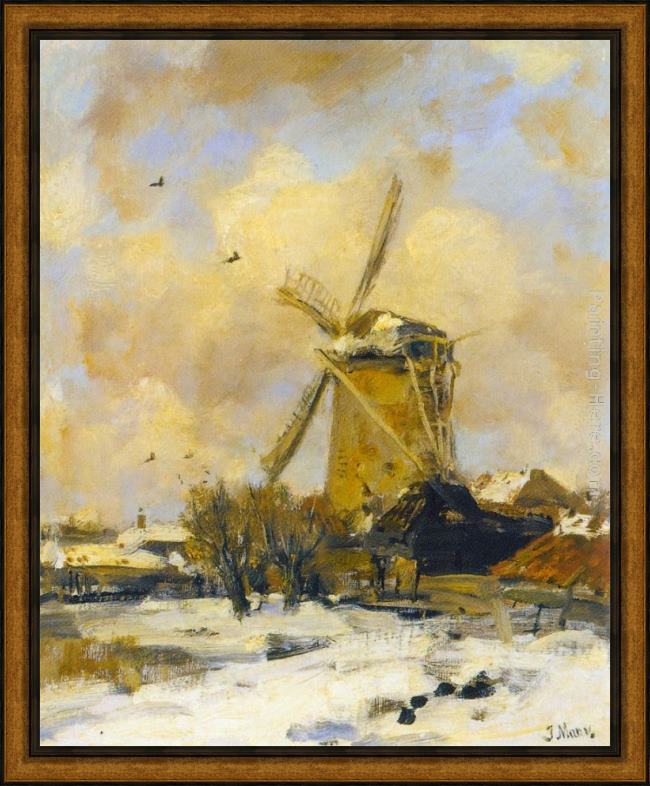 Framed Jacob Henricus Maris a windmill in a winter landscape painting