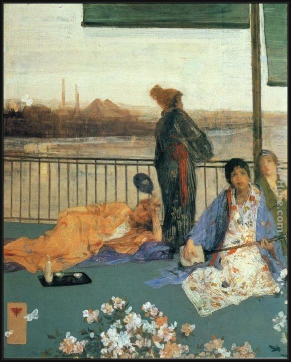 Framed James Abbott McNeill Whistler variations in flesh colour and green the balcony painting