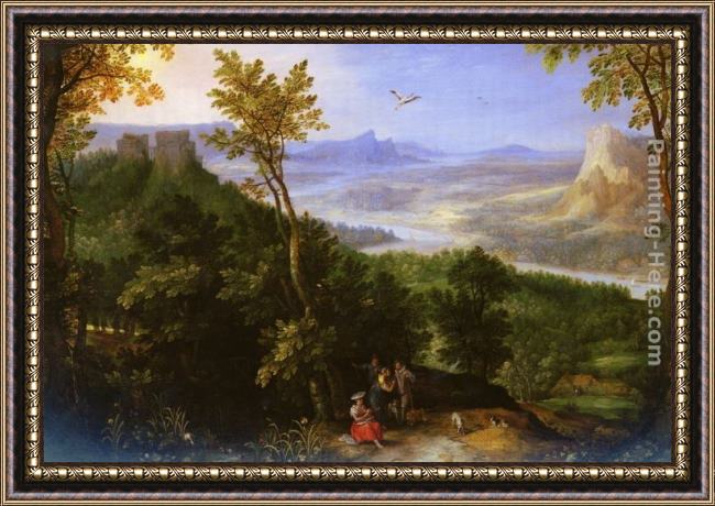 Framed Jan the elder Brueghel an extensive landscape with figures on a wooded path painting