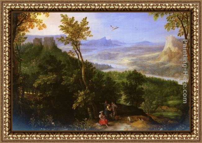 Framed Jan the elder Brueghel an extensive landscape with figures on a wooded path painting