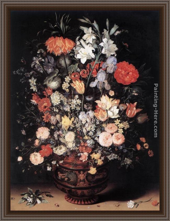 Framed Jan the elder Brueghel flowers in a vase painting