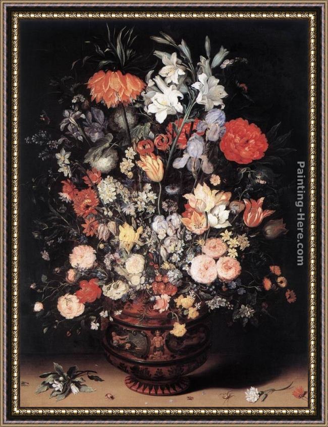 Framed Jan the elder Brueghel flowers in a vase painting