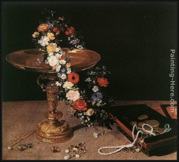 Framed Jan the elder Brueghel still-life with garland of flowers and golden tazza painting