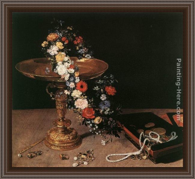 Framed Jan the elder Brueghel still-life with garland of flowers and golden tazza painting