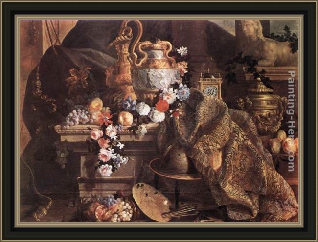 Framed Jean-Baptiste Monnoyer still-life of flowers and fruits painting