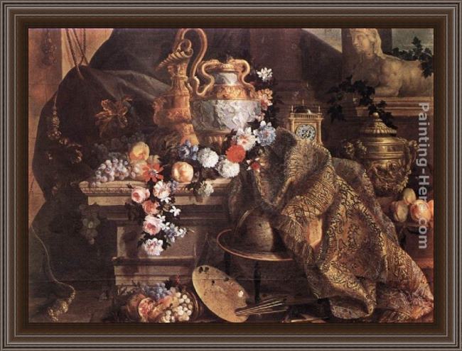 Framed Jean-Baptiste Monnoyer still-life of flowers and fruits painting