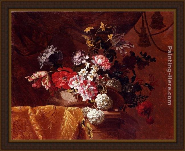 Framed Jean-Baptiste Monnoyer still life of hydrangeas, convolvuli, peonies and other flowers in an urn on a draped stone ledge painting