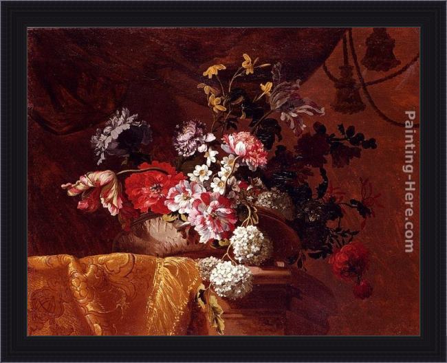 Framed Jean-Baptiste Monnoyer still life of hydrangeas, convolvuli, peonies and other flowers in an urn on a draped stone ledge painting