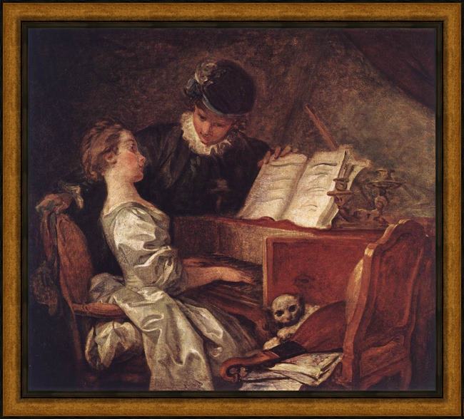 Framed Jean-Honore Fragonard music lesson painting