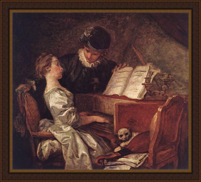 Framed Jean-Honore Fragonard music lesson painting