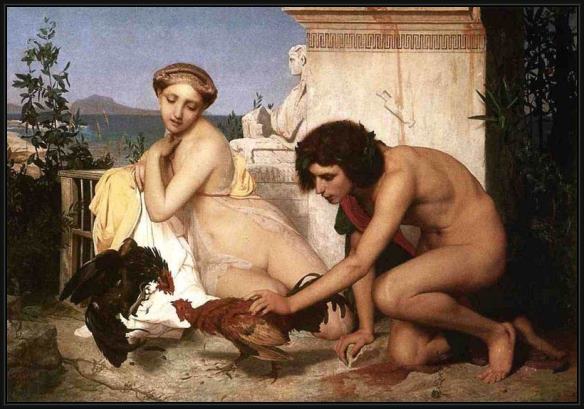 Framed Jean-Leon Gerome young greeks at a cock fight painting