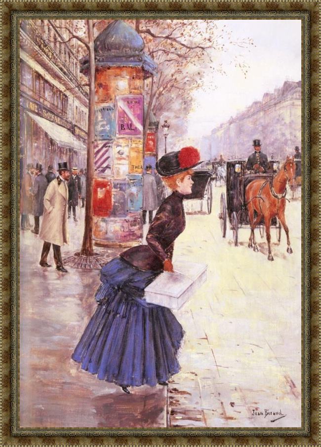 Framed Jean Beraud jeune femme traversant le boulevard painting