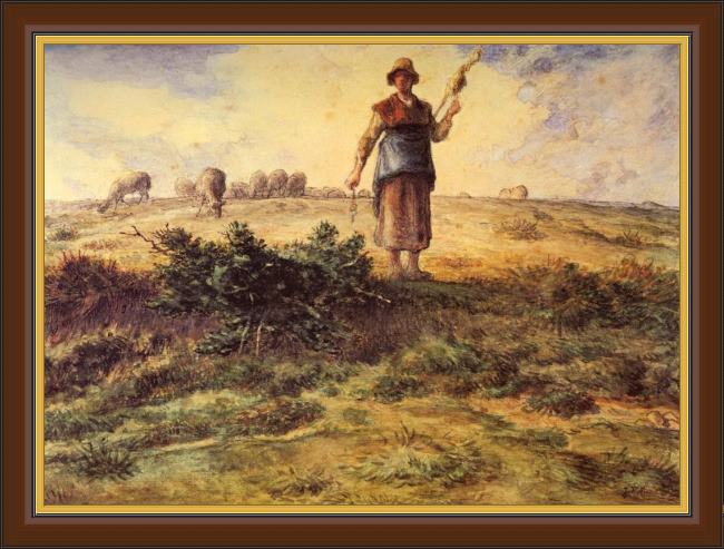 Framed Jean Francois Millet a shepherdess and her flock painting