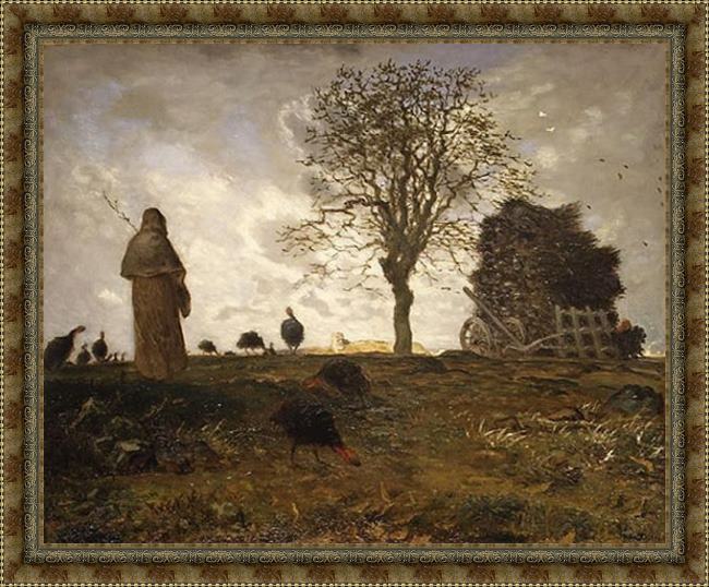 Framed Jean Francois Millet autumn landscape with a flock of turkeys painting