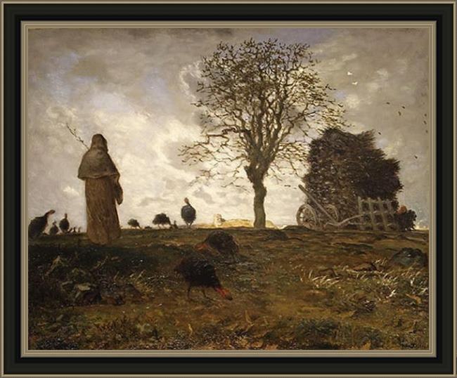 Framed Jean Francois Millet autumn landscape with a flock of turkeys painting