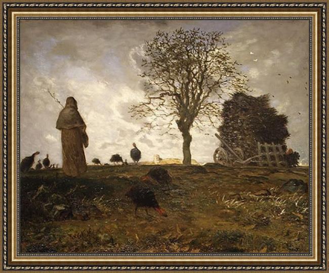 Framed Jean Francois Millet autumn landscape with a flock of turkeys painting