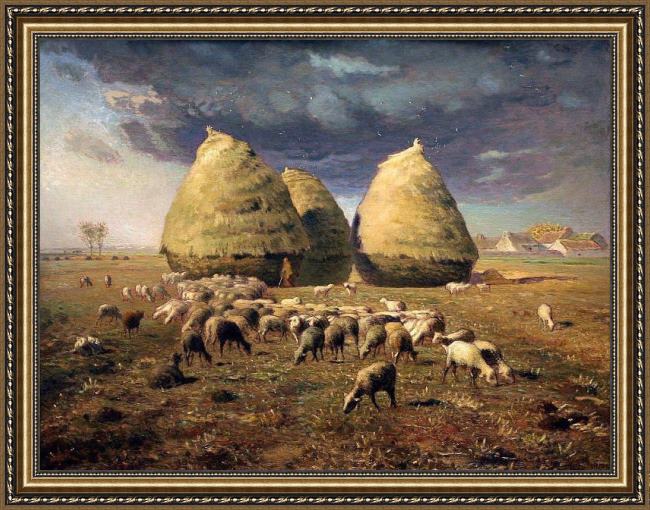 Framed Jean Francois Millet haystacks autumn painting