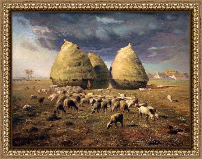 Framed Jean Francois Millet haystacks autumn painting