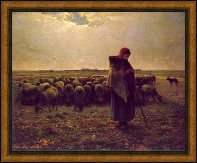 Framed Jean Francois Millet shepherdess with her flock painting