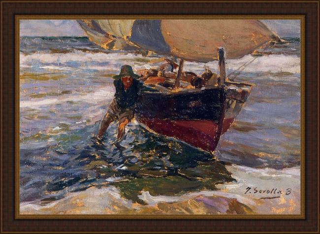 Framed Joaquin Sorolla y Bastida beaching the boat (study) painting