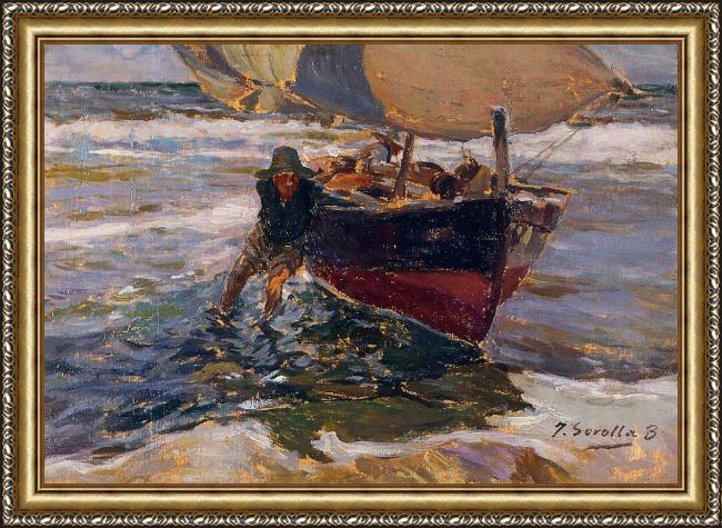 Framed Joaquin Sorolla y Bastida beaching the boat (study) painting