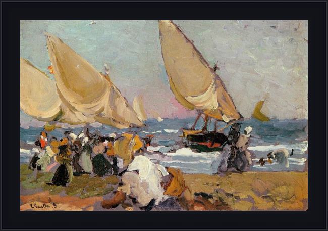 Framed Joaquin Sorolla y Bastida sailing vessels on a breezy day valencia painting