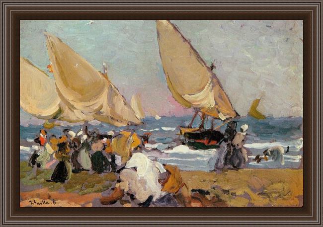 Framed Joaquin Sorolla y Bastida sailing vessels on a breezy day valencia painting